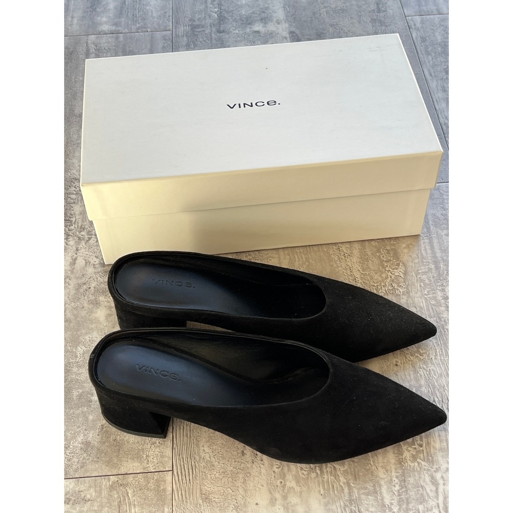 Vince Black Suede Pointed Toe Block Heel Mules Slides Made in Italy Womens 10M